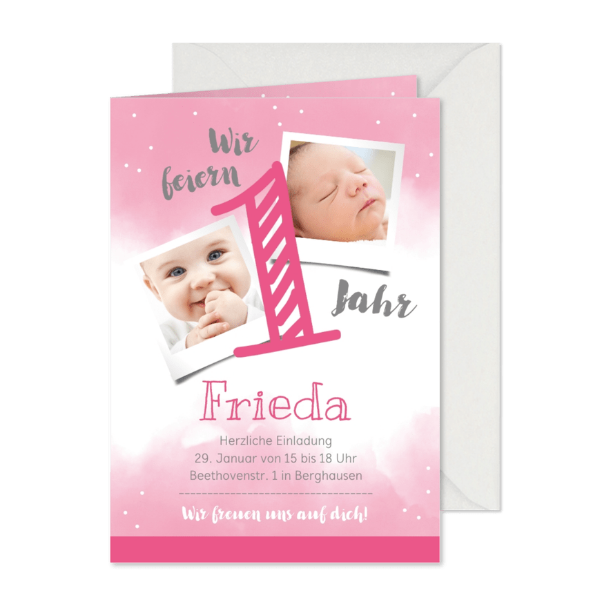 Einladungskarte zum 1. Geburtstag rosa Wasserfarbe mit Fotos - Karteneindruck
