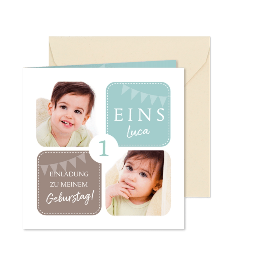 Einladungskarte zum 1. Kindergeburtstag mit Fotos grün - Karteneindruck
