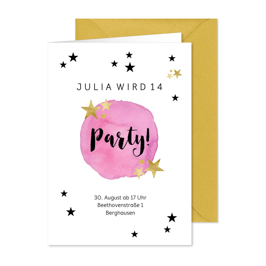 Einladungskarte zum 14. Geburtstag mit Sternen - Karteneindruck