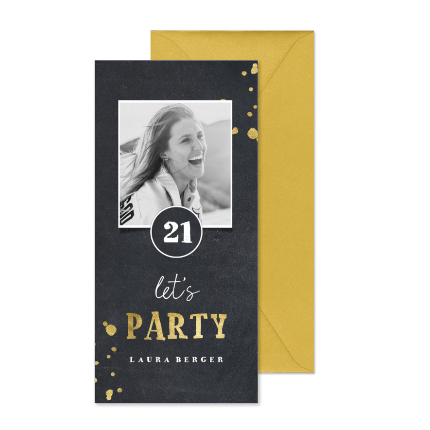 Einladungskarte zum 21. Geburtstag schwarz mit Foto - Karteneindruck
