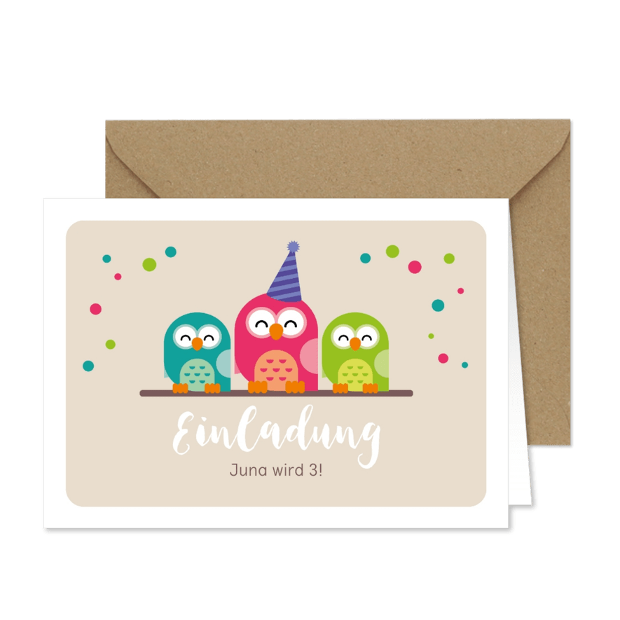 Einladungskarte zum 3. Kindergeburtstag pinke Eule - Karteneindruck