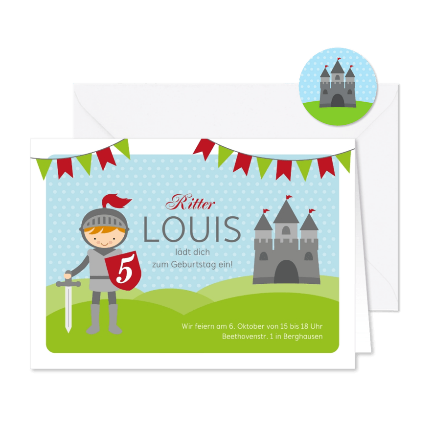 Einladungskarte zum 5. Kindergeburtstag Ritter - Karteneindruck
