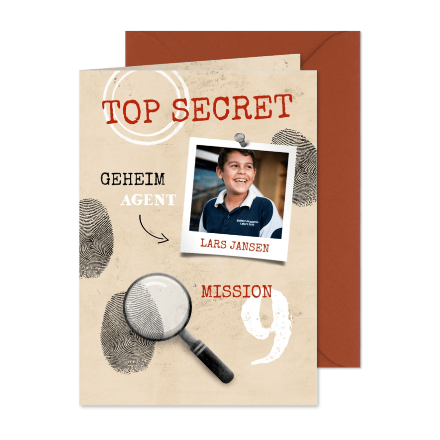 Einladungskarte zum 9. Kindergeburtstag Geheimagent - Karteneindruck

