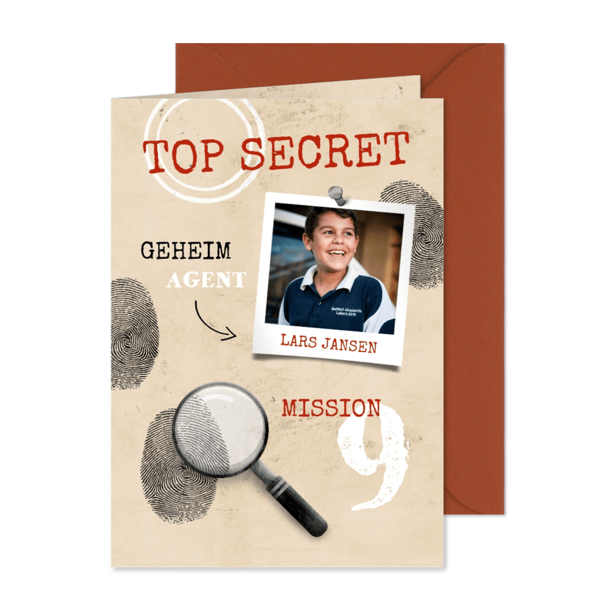 Einladungskarte zum 9. Kindergeburtstag Geheimagent - Karteneindruck