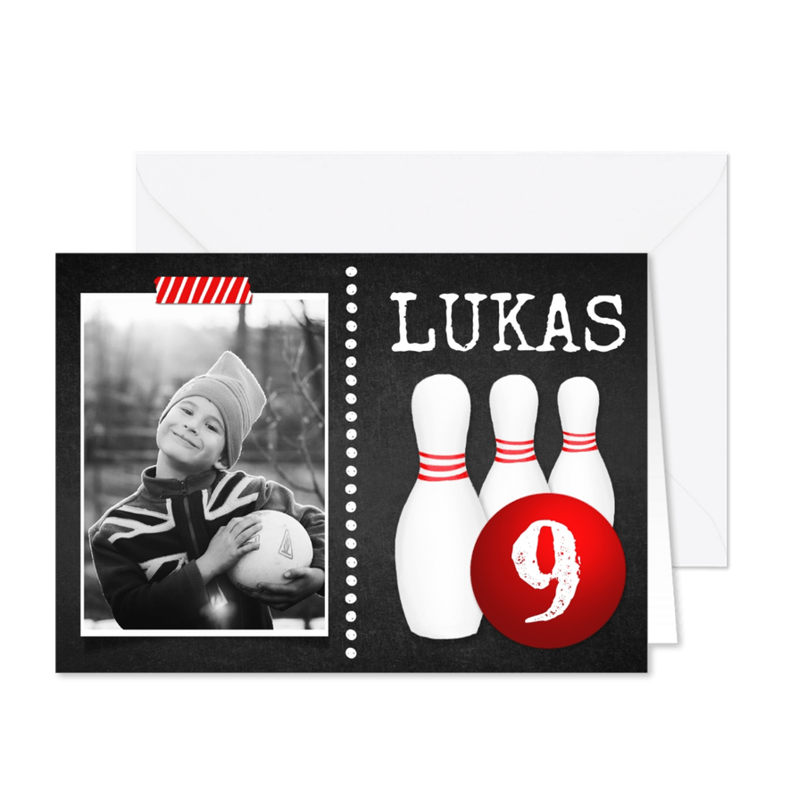 Einladungskarte zum Bowling 9. Kindergeburtstag  - Karteneindruck
