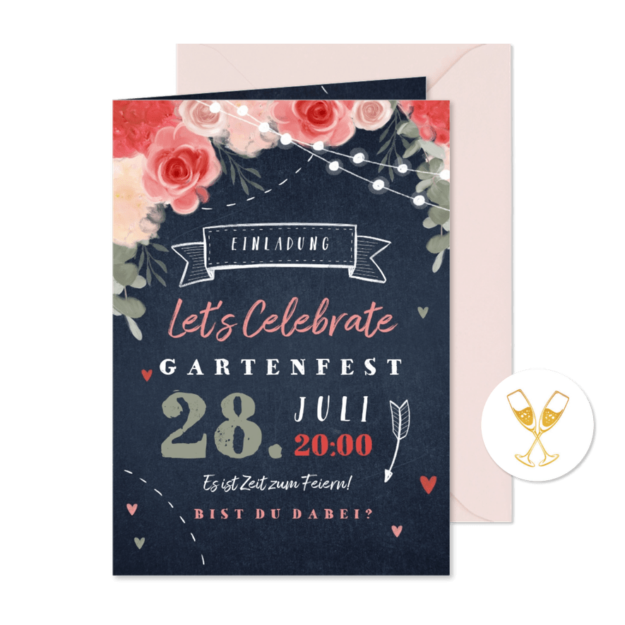 Einladungskarte zum Gartenfest Blumen und Herzen - Karteneindruck
