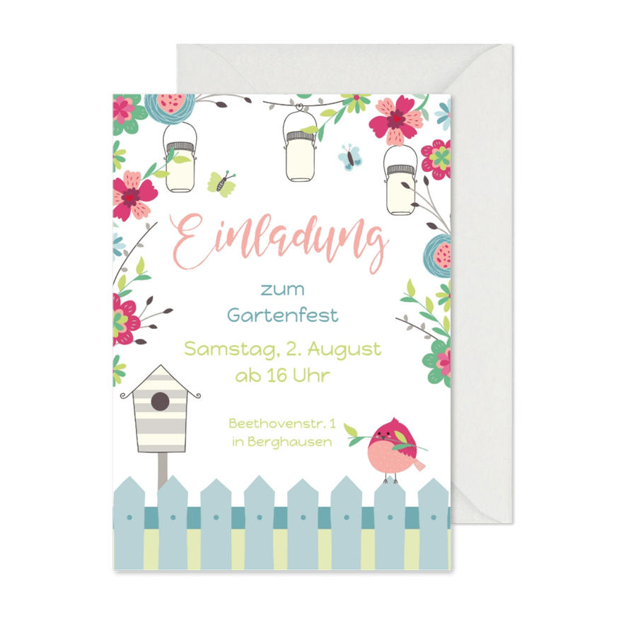 Einladungskarte zum Gartenfest Vogel & Gartenzaun - Karteneindruck
