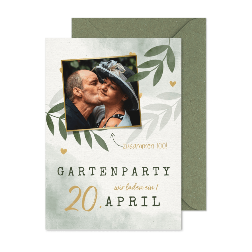 Einladungskarte zum Gartengeburtstag mit Foto und Herzen - Karteneindruck