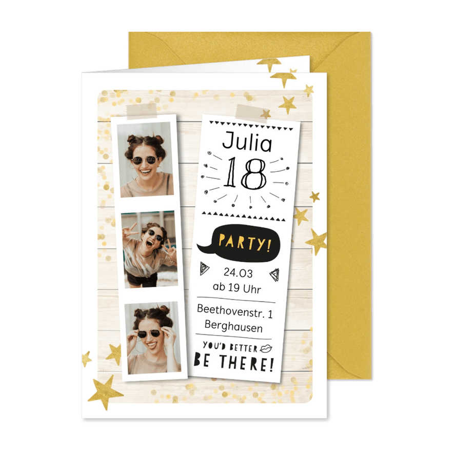 Einladungskarte zum Geburtstag Funparty mit Fotos - Karteneindruck
