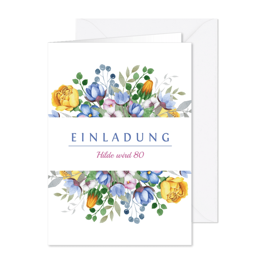 Einladungskarte zum Geburtstag mit Blumenbouquet - Kartenvorschau
