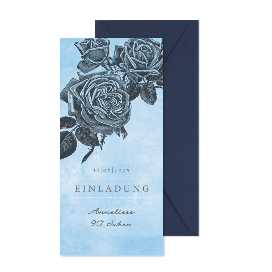 Einladungskarte zum Geburtstag Rosen graublau - Karteneindruck
