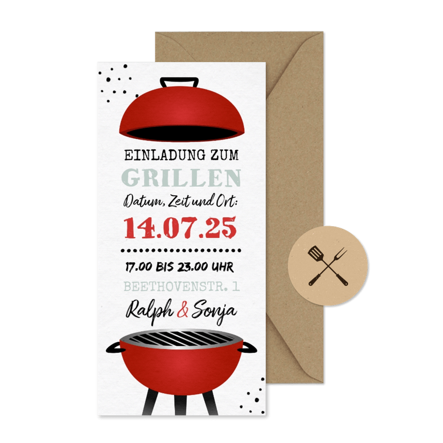 Einladungskarte zum Grillfest mit Kugelgrill - Karteneindruck
