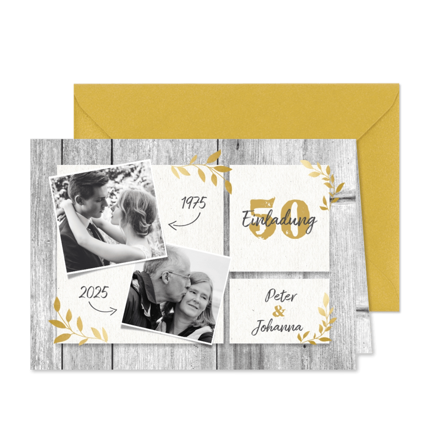 Einladungskarte zum Hochzeitsjubiläum Holz und Fotos - Karteneindruck