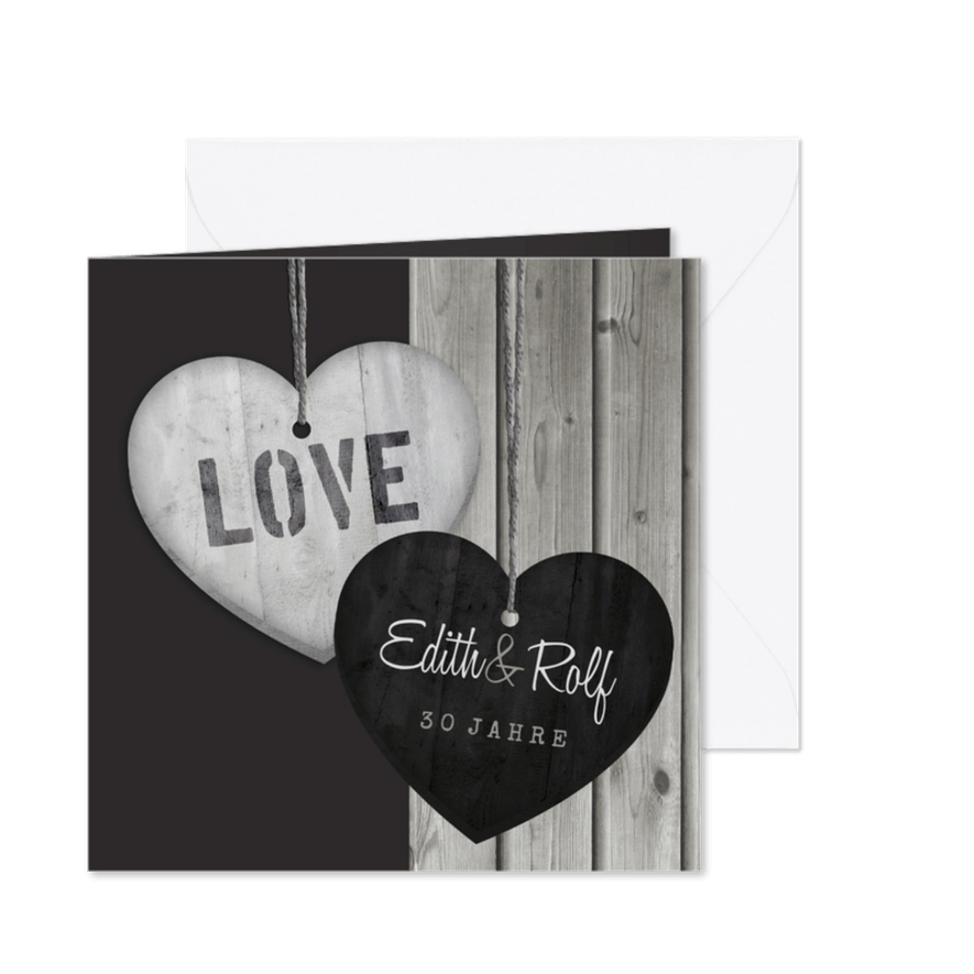 Einladungskarte zum Hochzeitstag Herzen auf Holz - Karteneindruck