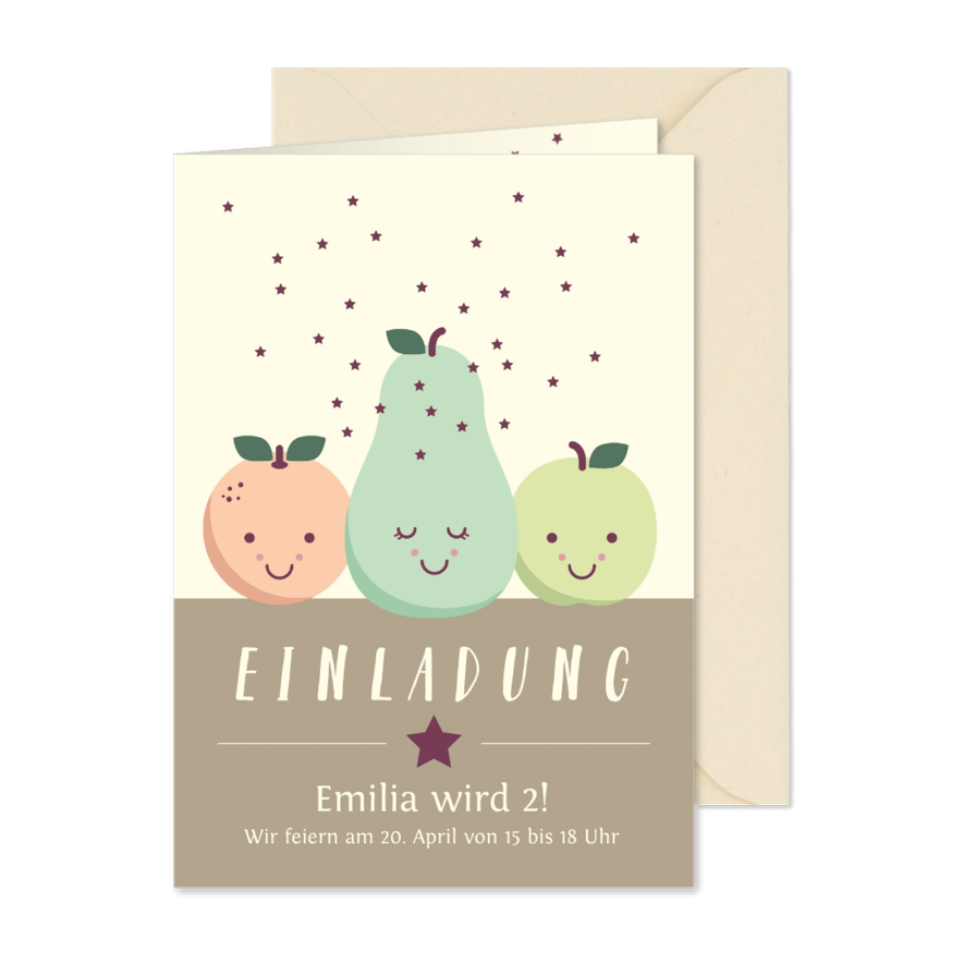 Einladungskarte zum Kindergeburtstag Früchte und Sterne - Karteneindruck
