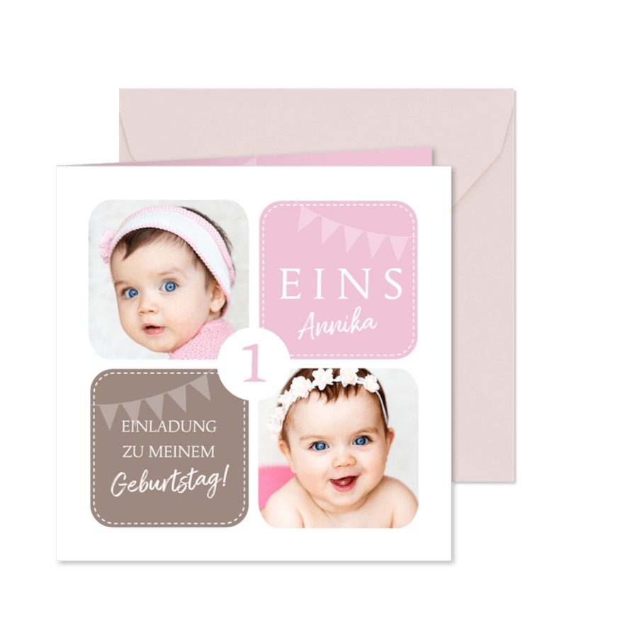 Einladungskarte zum Kindergeburtstag rosa mit Fotos 1 Jahr - Karteneindruck