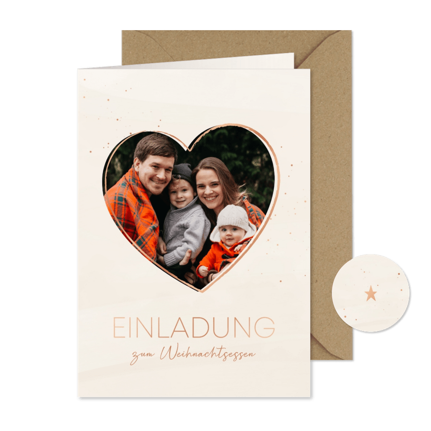 Einladungskarte zum Weihnachtsessen mit Herzfoto - Karteneindruck
