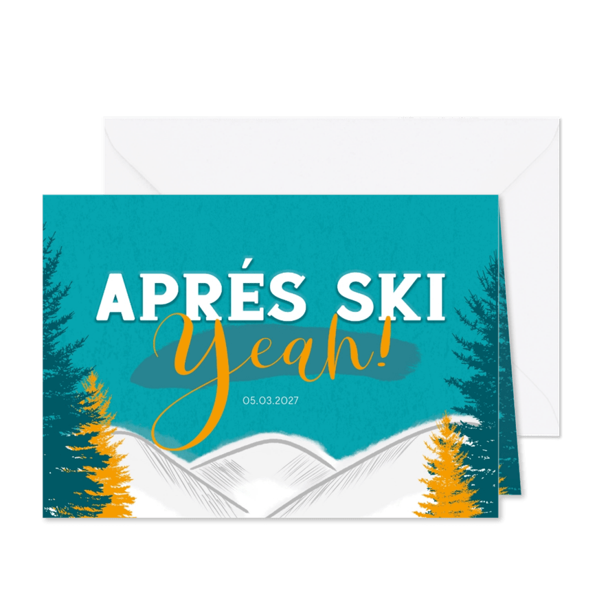 Einladungskarte zur Après-Ski Party mit Tannen - Karteneindruck
