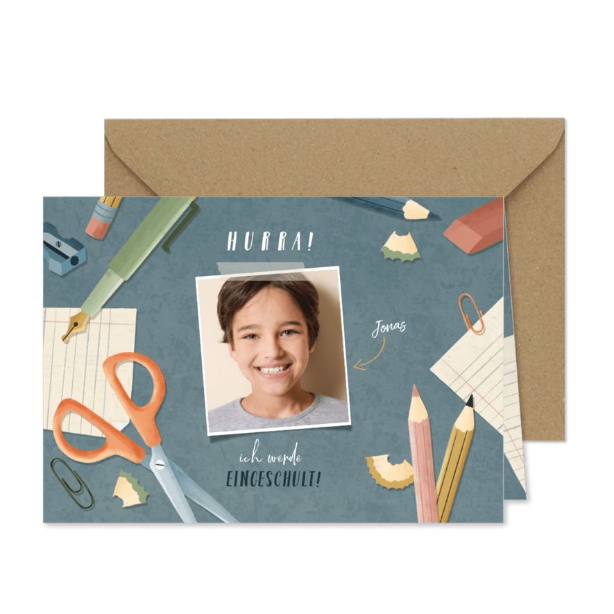 Einladungskarte zur Einschulung blau Foto, Schere & Papier - Karteneindruck
