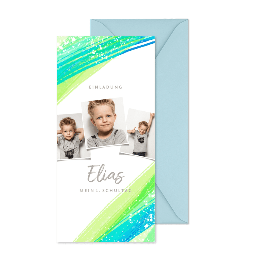 Einladungskarte zur Einschulung Fotos grüne Streifen - Karteneindruck