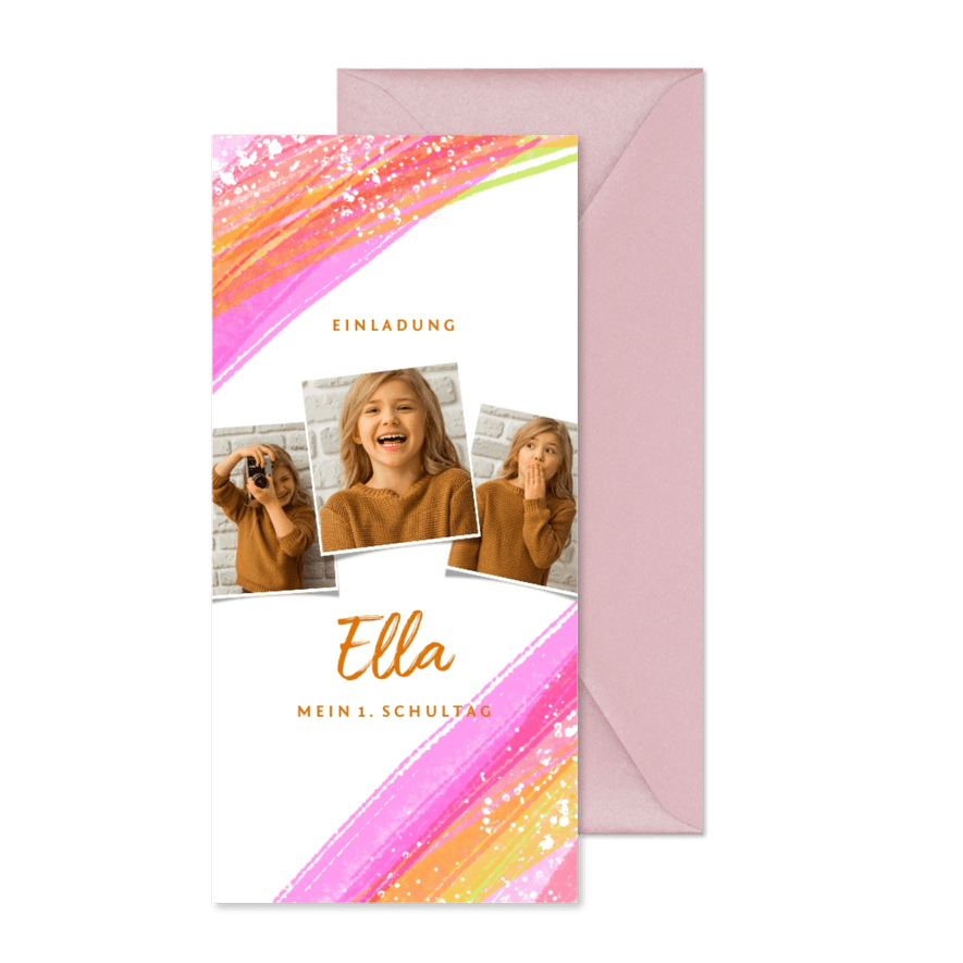 Einladungskarte zur Einschulung Fotos rosa Streifen - Karteneindruck
