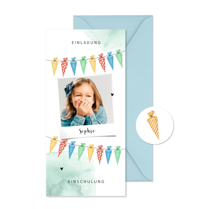 Einladungskarte zur Einschulung Fröhliche Schultüten - Karteneindruck