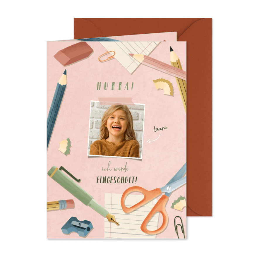 Einladungskarte zur Einschulung rosa Foto, Schere & Papier - Karteneindruck
