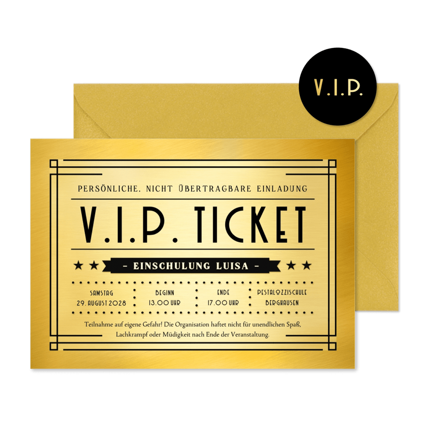 Einladungskarte zur Einschulung VIP-Ticket Goldlook - Karteneindruck
