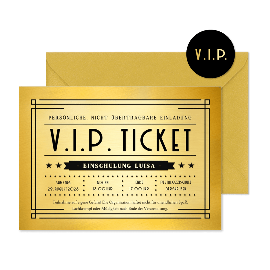 Einladungskarte zur Einschulung VIP-Ticket Goldlook - Kartenvorschau
