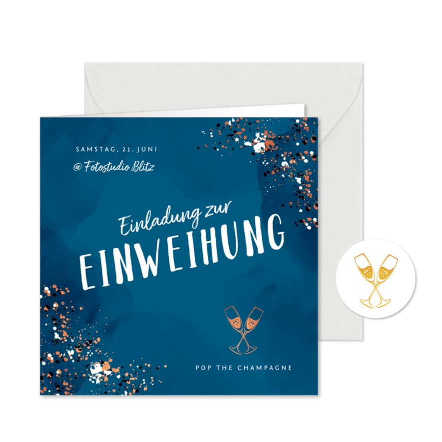 Einladungskarte zur Einweihung blau Farbspritzer - Kartenvorschau
