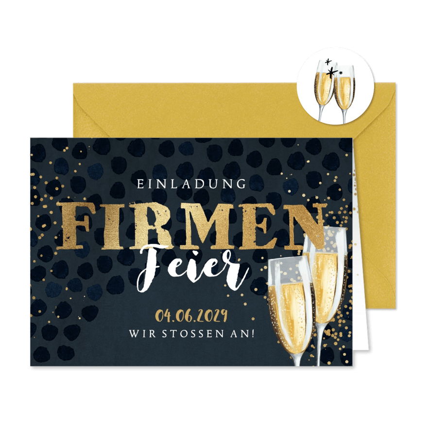 Einladungskarte zur Firmenfeier Goldoptik Sektgläser - Karteneindruck
