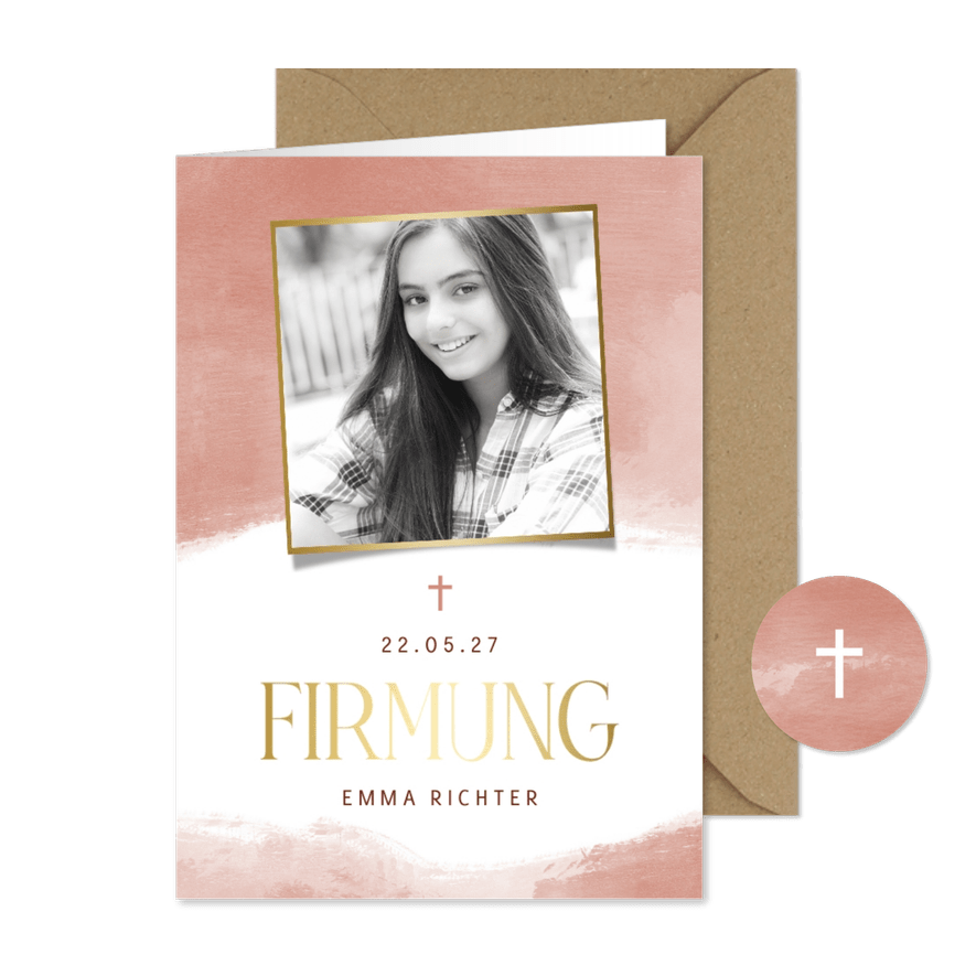 Einladungskarte zur Firmung Foto korallrosa - Karteneindruck
