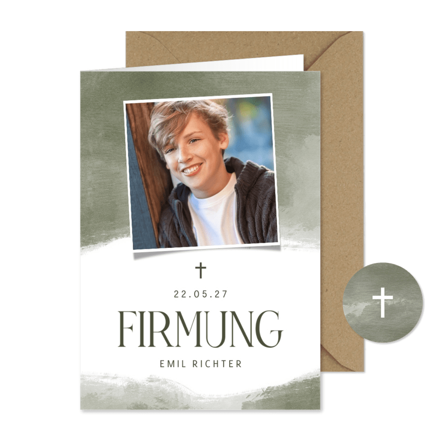 Einladungskarte zur Firmung Foto olivgrün - Karteneindruck