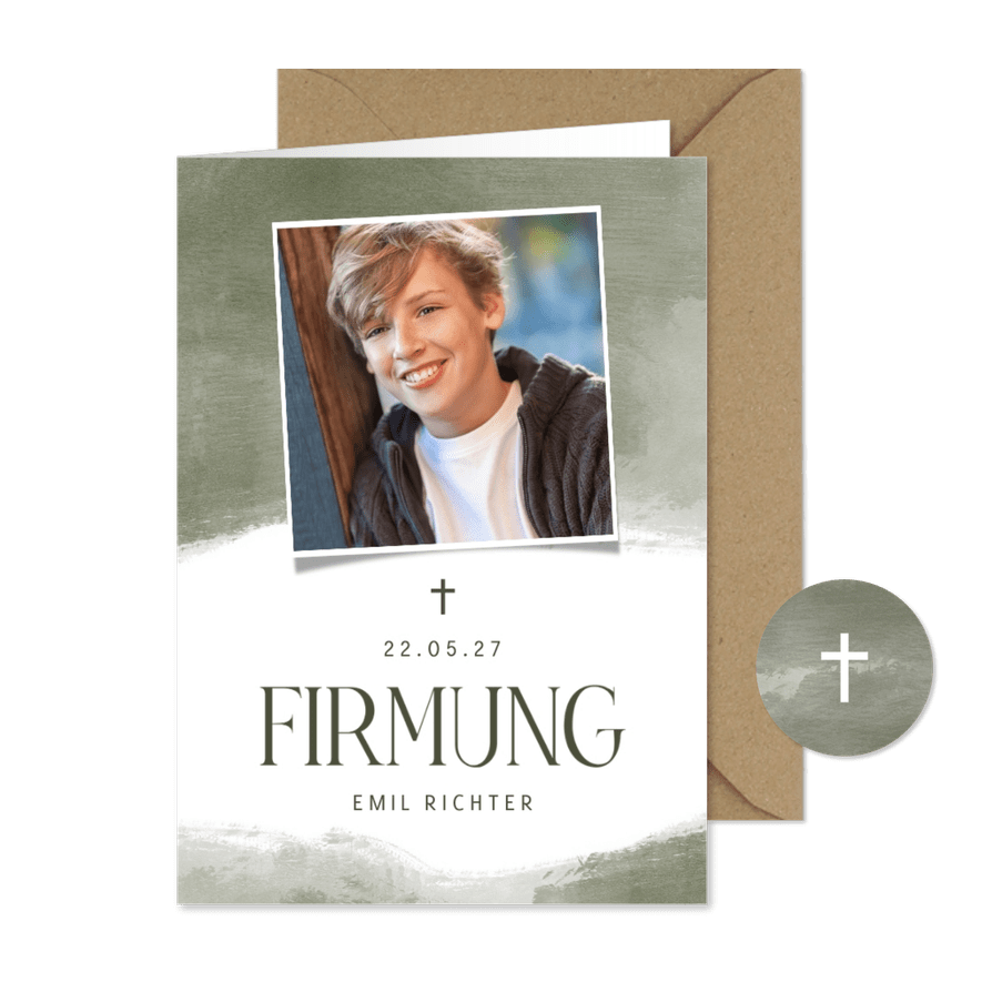 Einladungskarte zur Firmung Foto olivgrün - Kartenvorschau