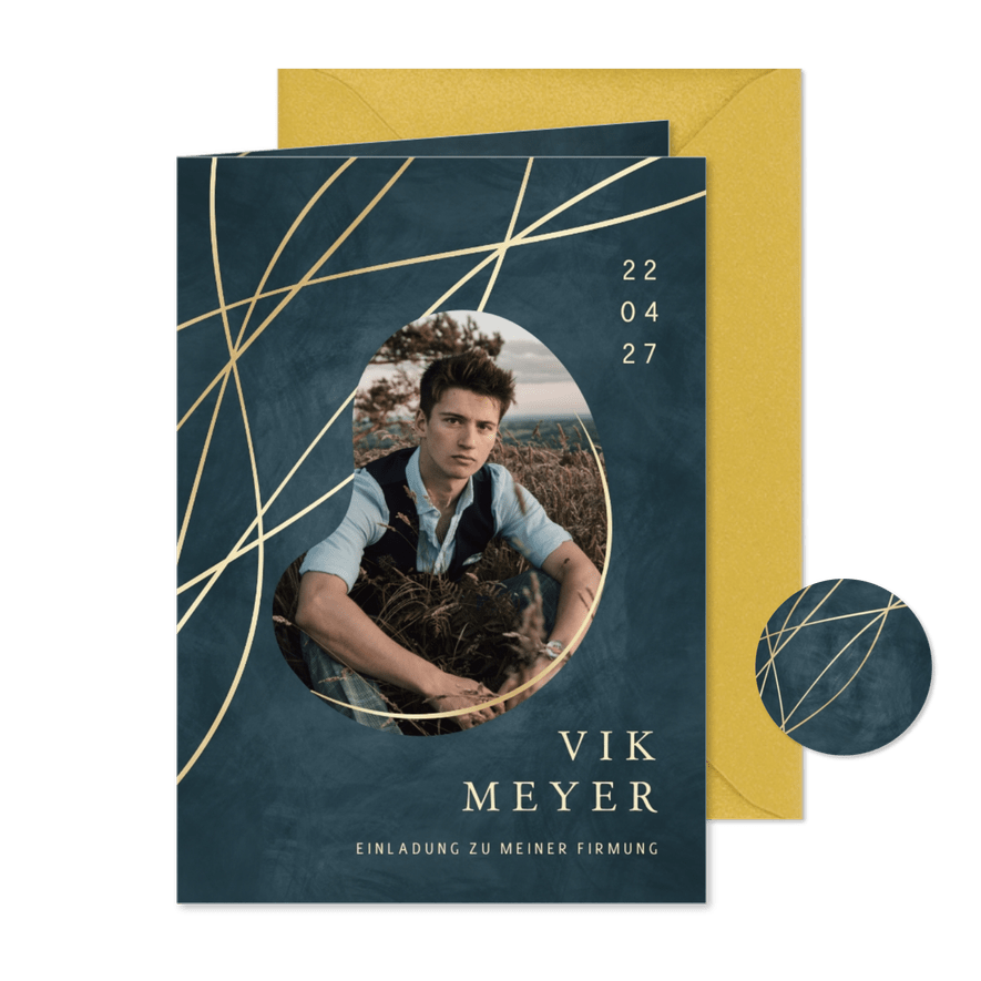 Einladungskarte zur Firmung Foto & organische Formen blau - Karteneindruck