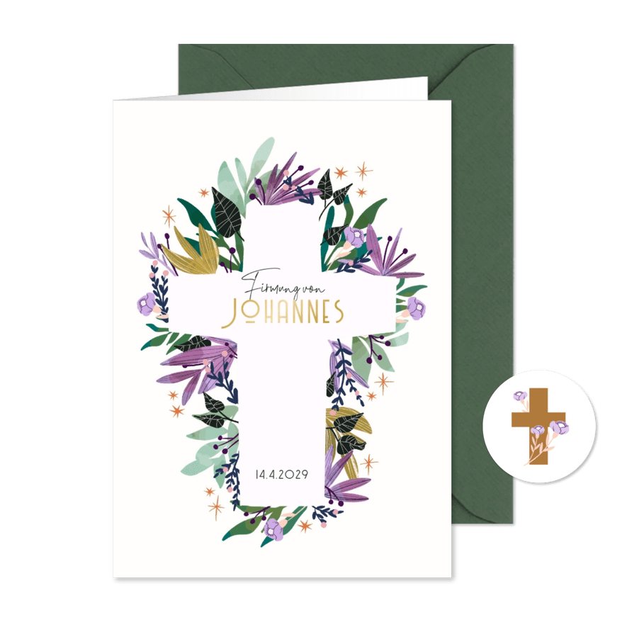 Einladungskarte zur Firmung mit Blumen und Kreuz - Kartenvorschau
