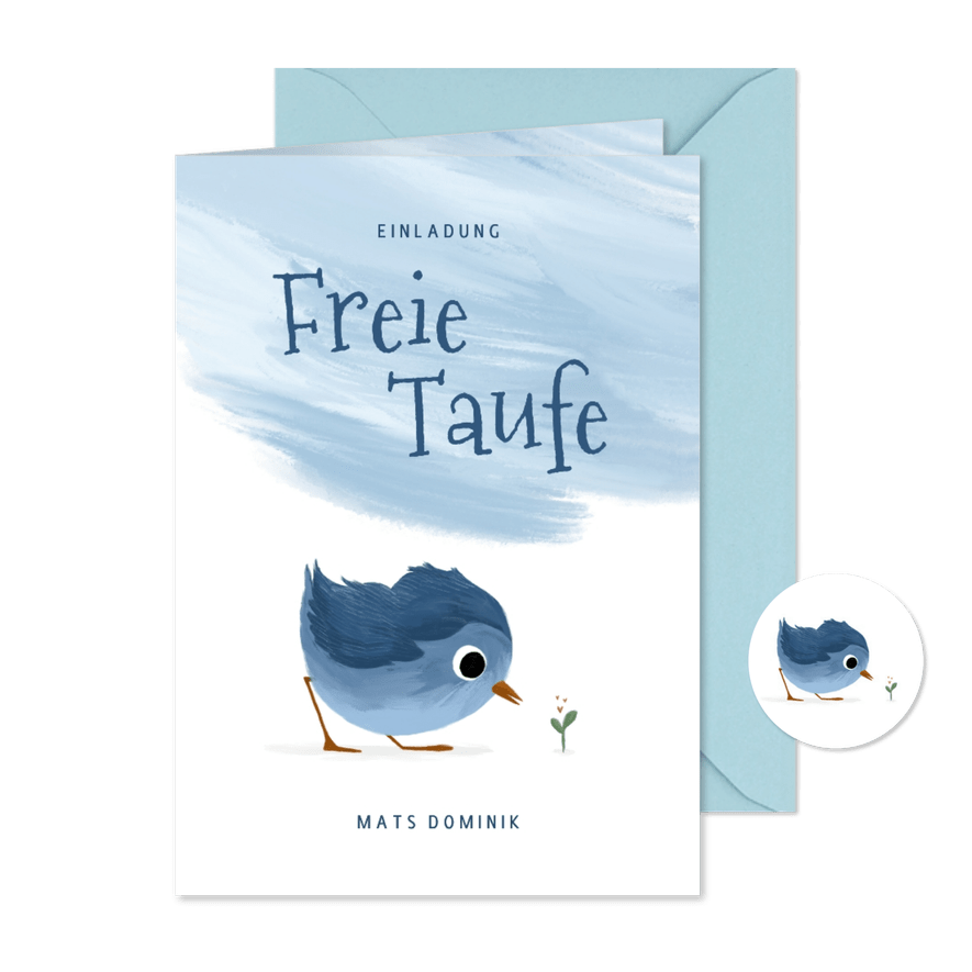 Einladungskarte zur freien Taufe blaues Vögelchen - Karteneindruck
