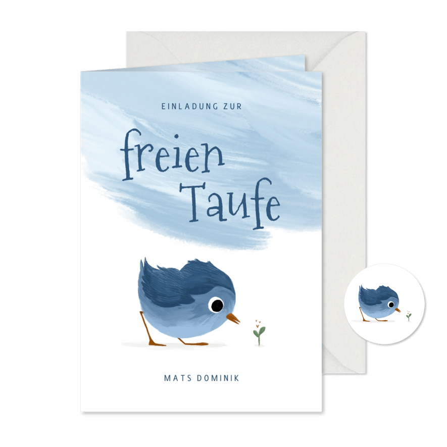 Einladungskarte zur freien Taufe blaues Vögelchen - Karteneindruck