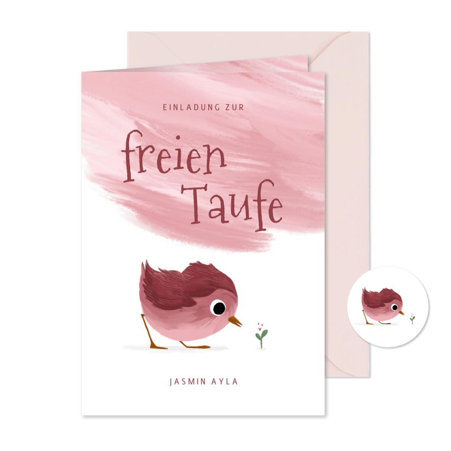 Einladungskarte zur freien Taufe rosa Vögelchen - Karteneindruck