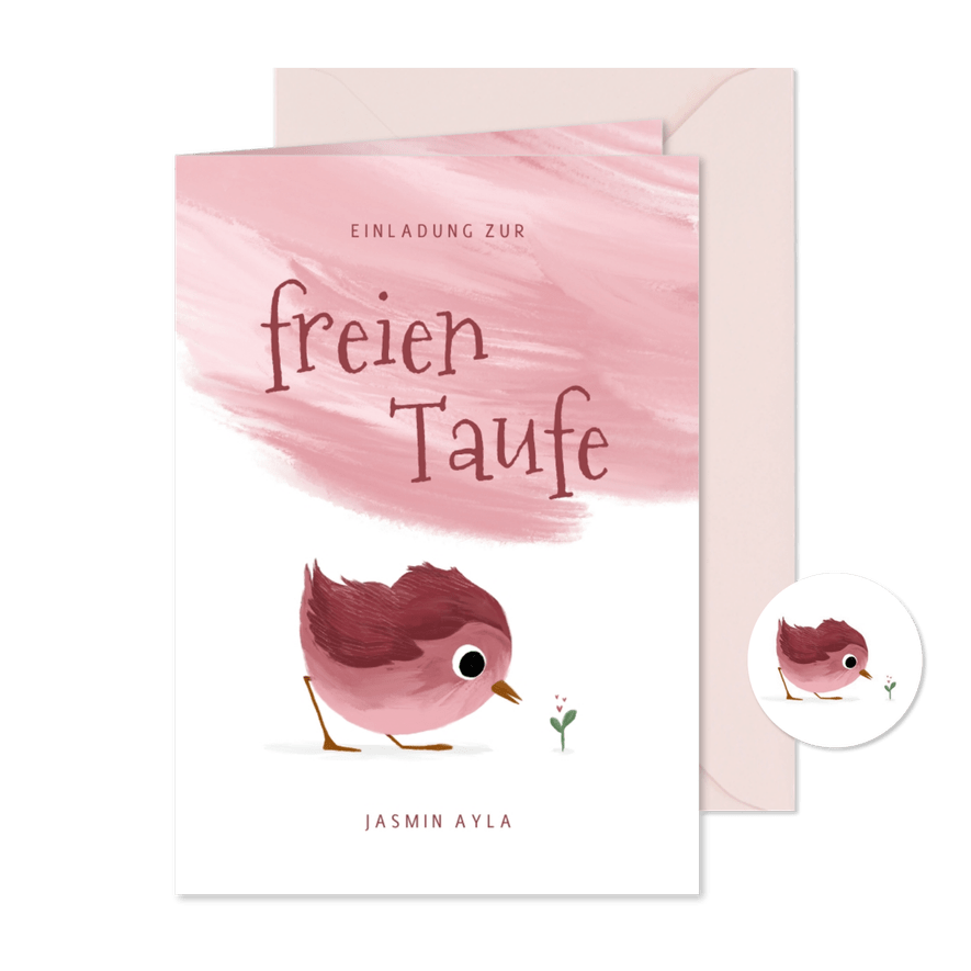 Einladungskarte zur freien Taufe rosa Vögelchen - Karteneindruck