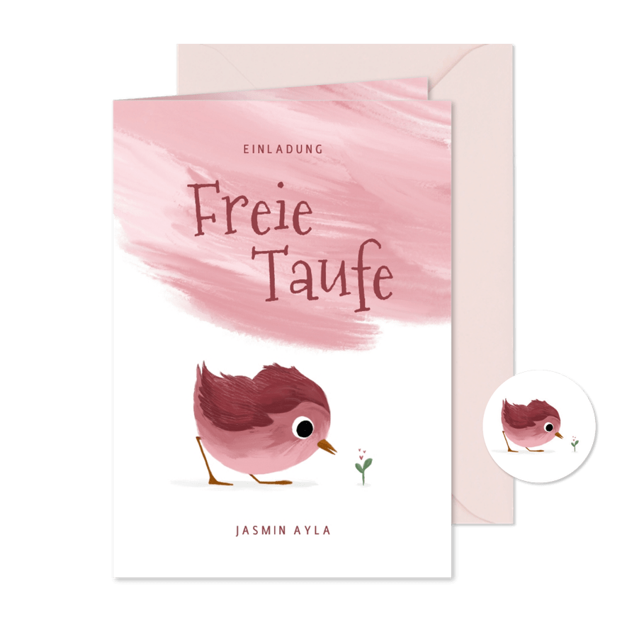 Einladungskarte zur freien Taufe rosa Vögelchen - Karteneindruck

