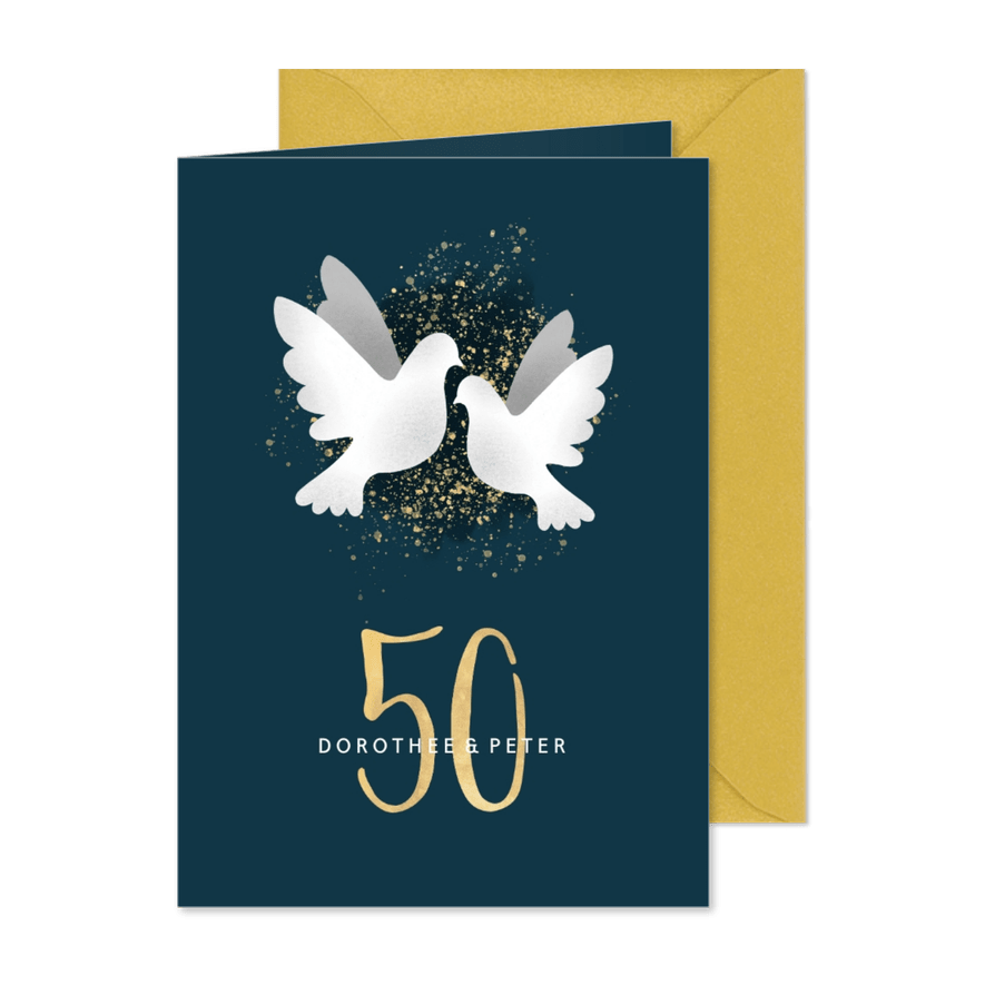 Einladungskarte zur goldenen Hochzeit dunkelblau mit Tauben - Karteneindruck