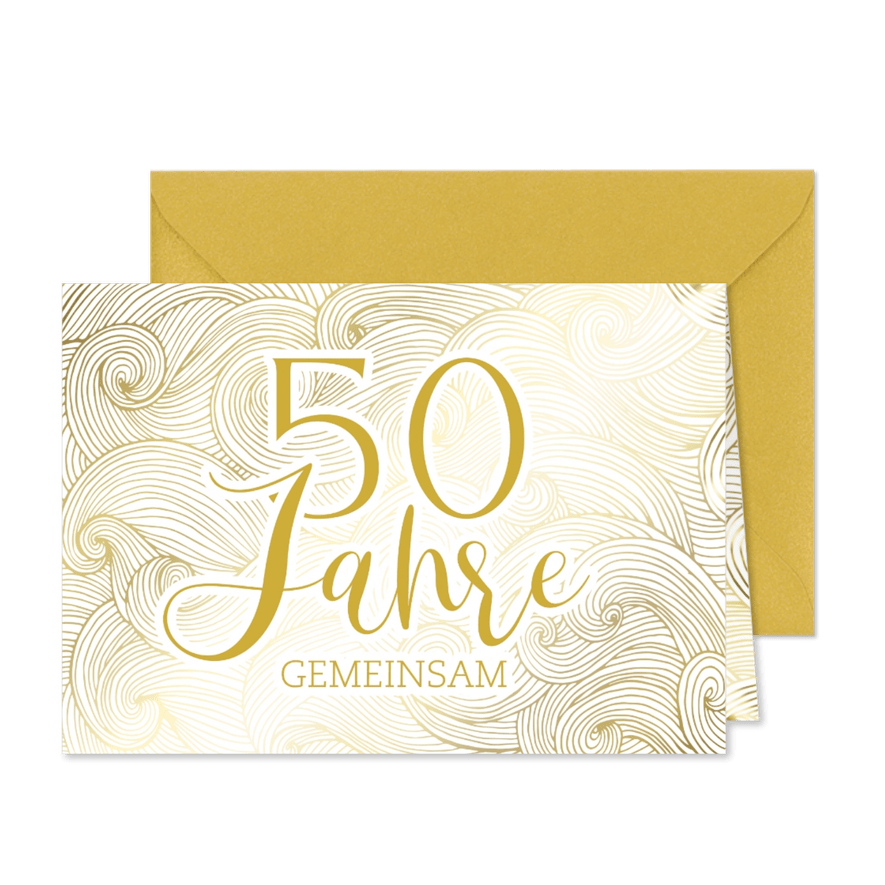 Einladungskarte zur Goldhochzeit mit goldenen Wellen - Kartenvorschau