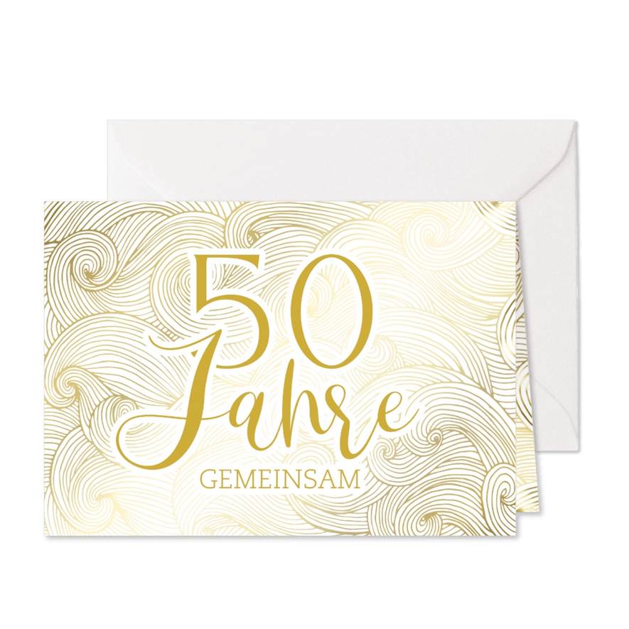 Einladungskarte zur Goldhochzeit mit goldenen Wellen - Karteneindruck