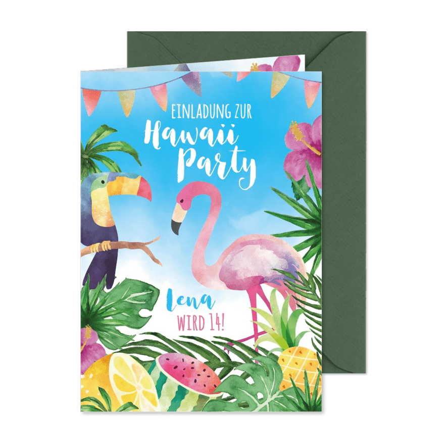 Einladungskarte zur Hawaiiparty 14. Geburtstag - Kartenvorschau