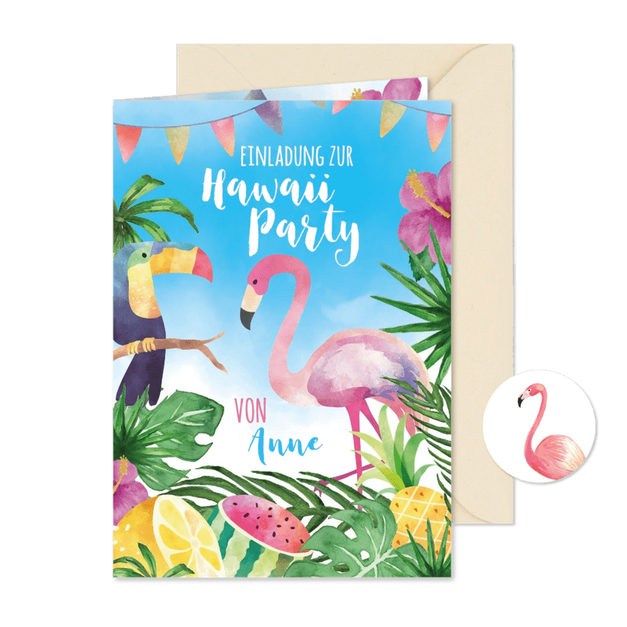 Einladungskarte zur Hawaiiparty Flamingo & Tukan - Kartenvorschau
