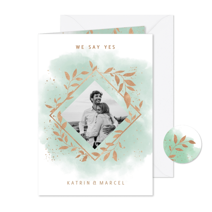 Einladungskarte zur Hochzeit Aquarell mintgrün mit Foto - Karteneindruck
