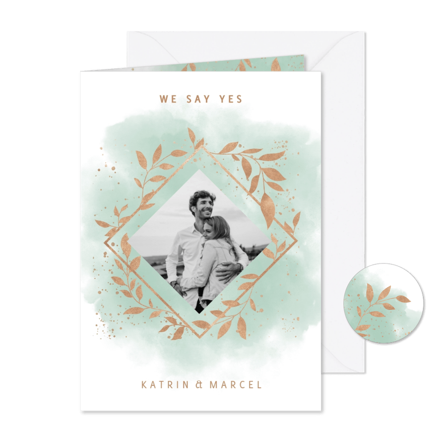 Einladungskarte zur Hochzeit Aquarell mintgrün mit Foto - Karteneindruck