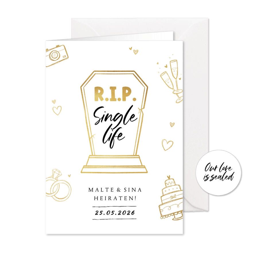 Einladungskarte zur Hochzeit Doodles 'RIP Single life' - Karteneindruck
