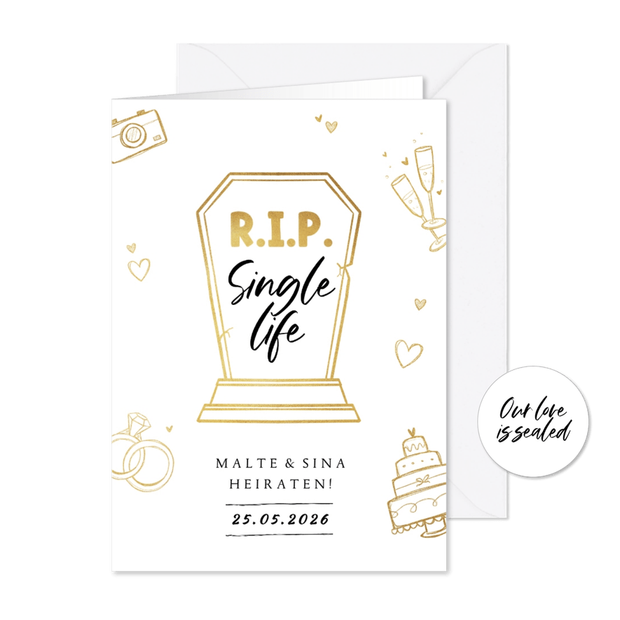 Einladungskarte zur Hochzeit Doodles 'RIP Single life' - Karteneindruck